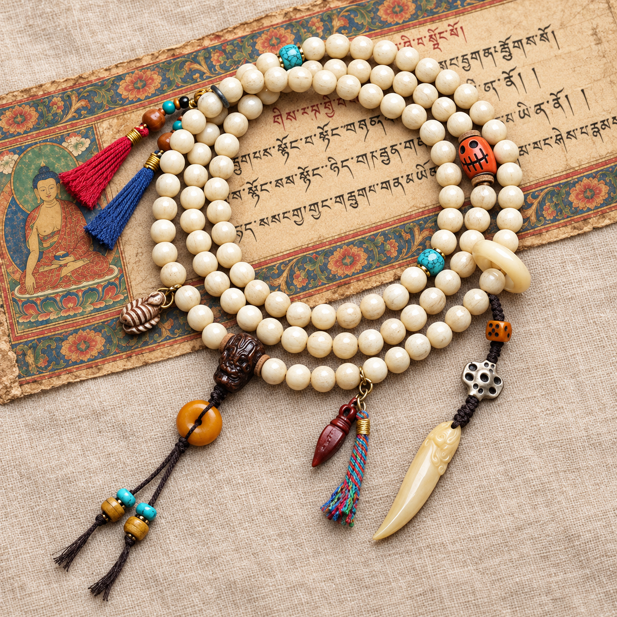 EverestArtstudios Bone 108-Bead Mala with Safety Ring and Vajra Motif Charms — full product