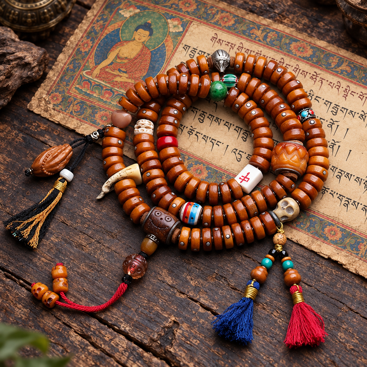 EverestArtstudios Metal-Inlaid Yak Bone 108-Bead Mala with Glass Accents — full product