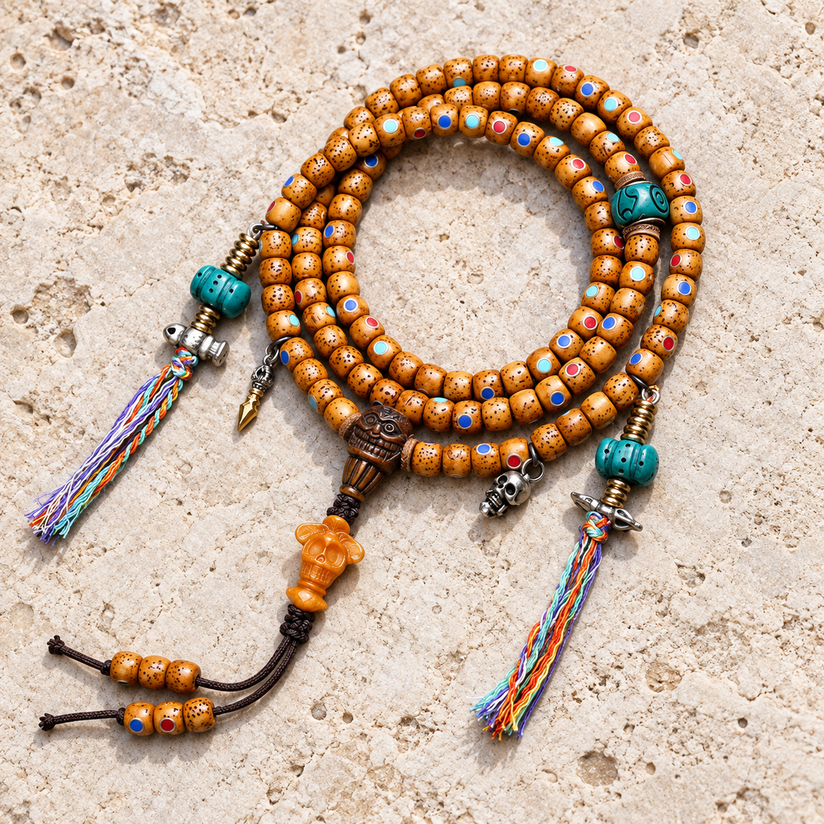 EverestArtstudios Inlaid Xingyue Bodhi 108-Bead Mala with Bone Accents — overall display