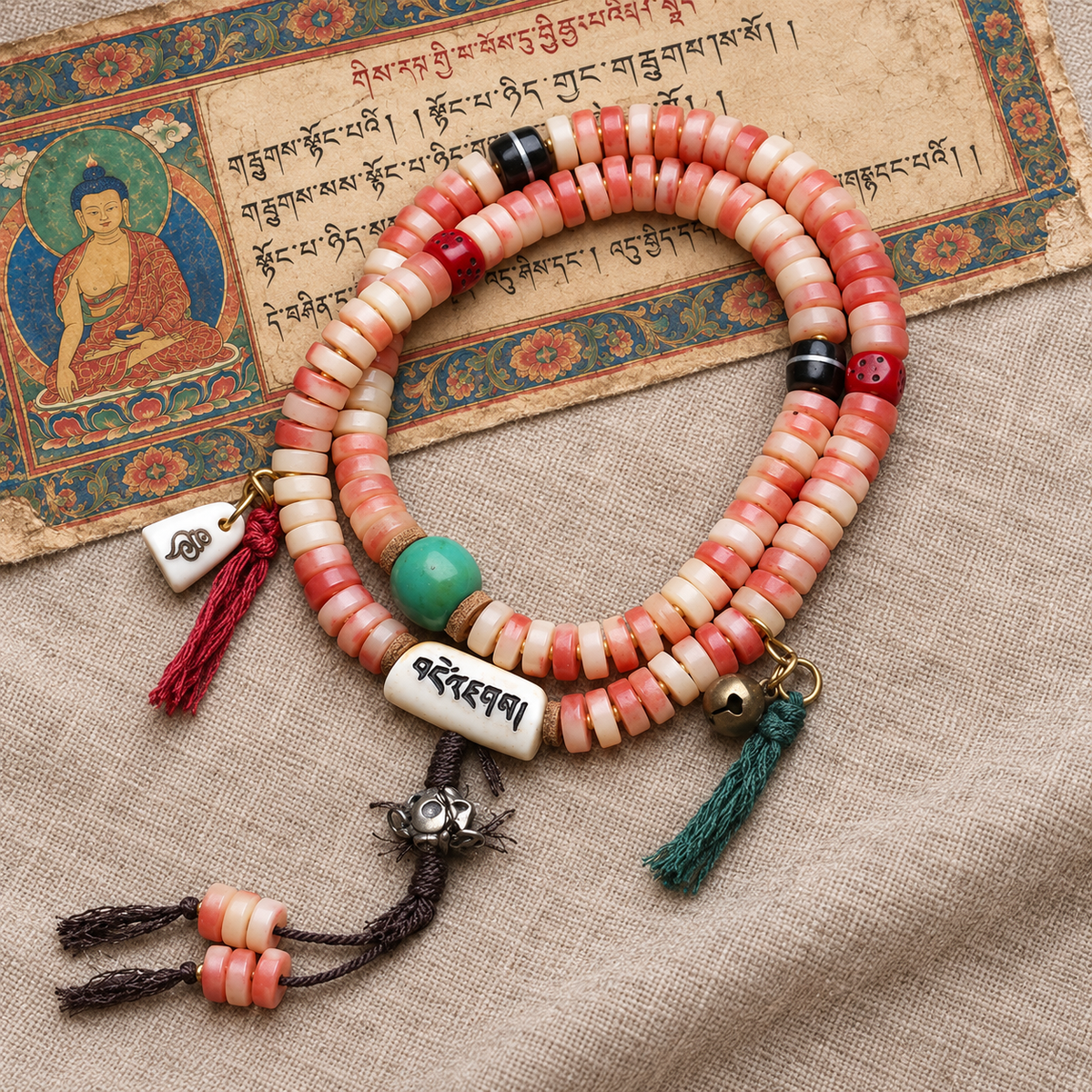 EverestArtstudios Camel Bone 108-Bead Mala with Coconut and Decorative Accents — full product