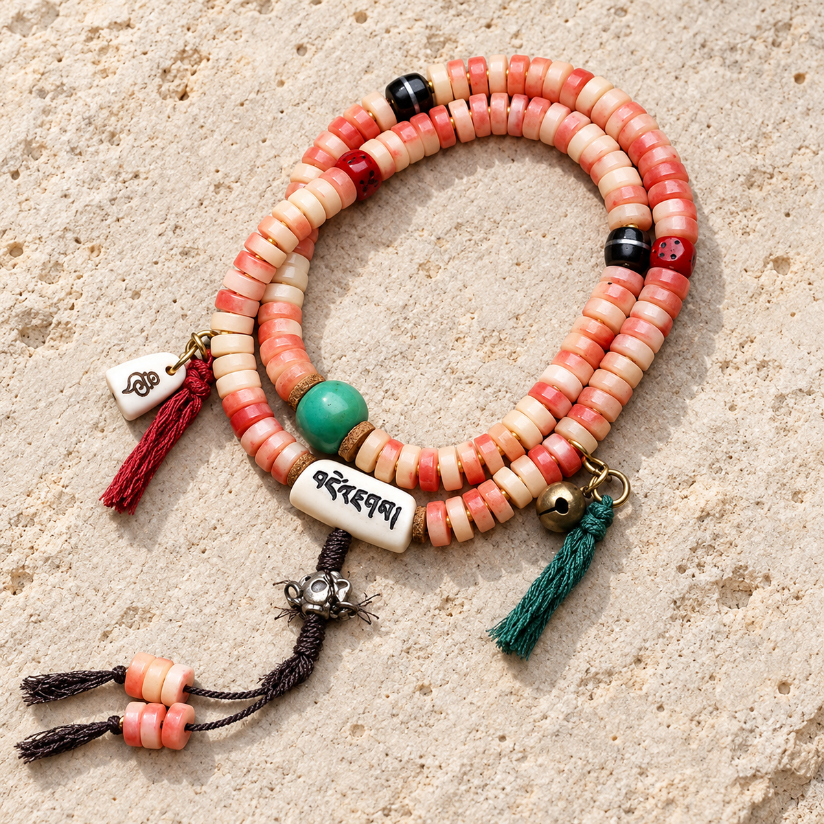 EverestArtstudios Camel Bone 108-Bead Mala with Coconut and Decorative Accents — overall display