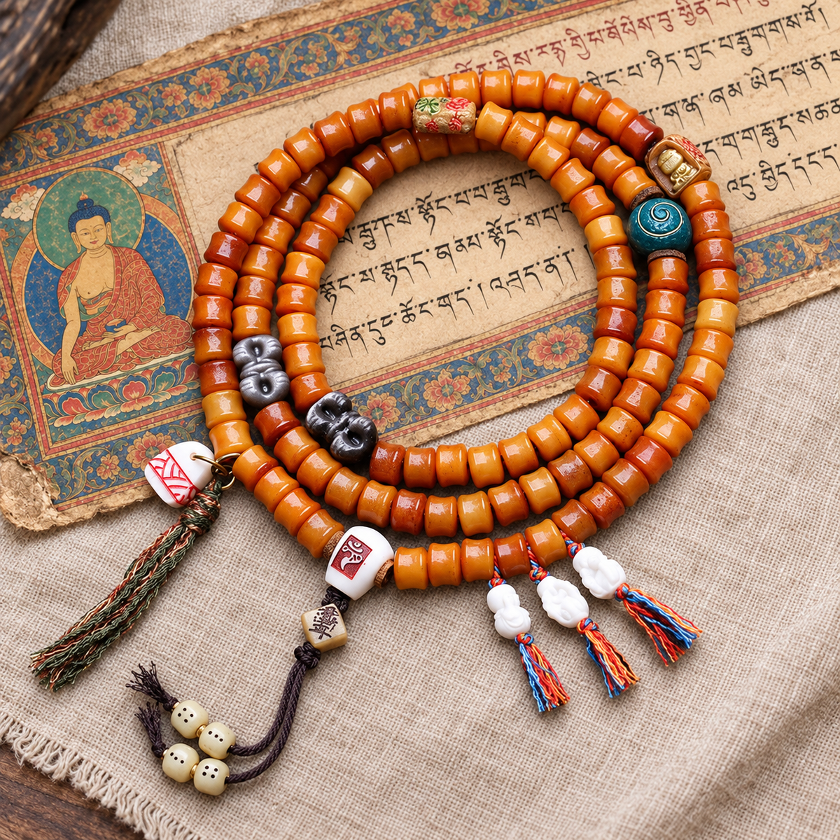 EverestArtstudios Bamboo-Carved Yak Bone 108-Bead Mala with Obsidian Accents — full product