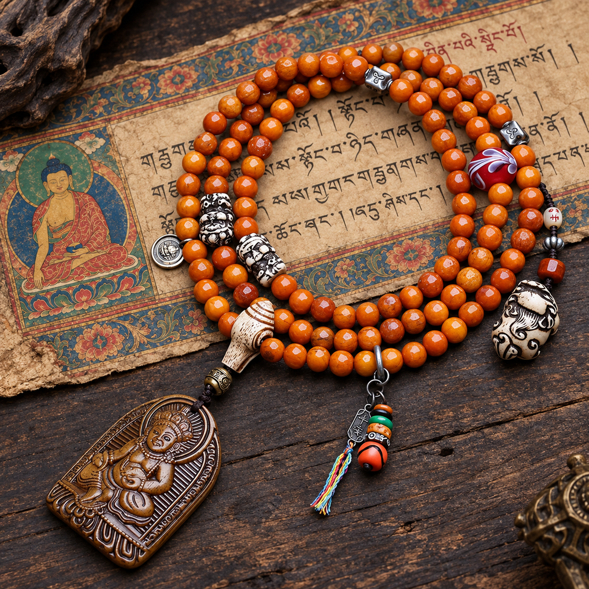 EverestArtstudios 108-Bead Mala with Wealth Deity Pendant and Yak Bone Accents — full product