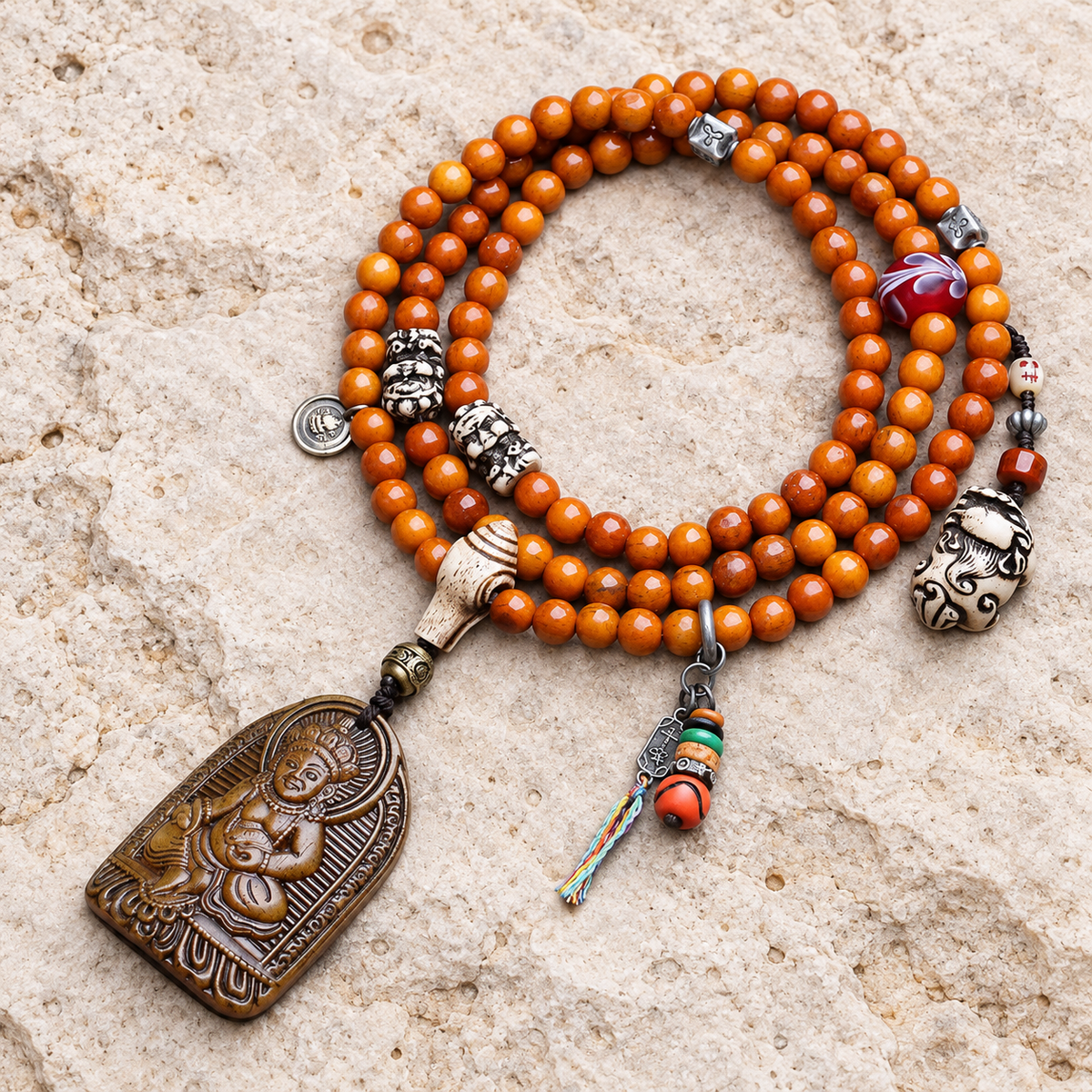 EverestArtstudios 108-Bead Mala with Wealth Deity Pendant and Yak Bone Accents — overall display