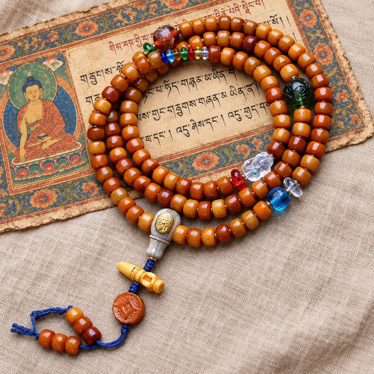 EverestArtstudios Yak Bone 108-Bead Mala with Crystal, Glass and Camel Bone Accents — full product