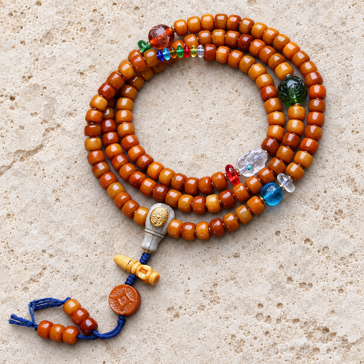 EverestArtstudios Yak Bone 108-Bead Mala with Crystal, Glass and Camel Bone Accents — overall display