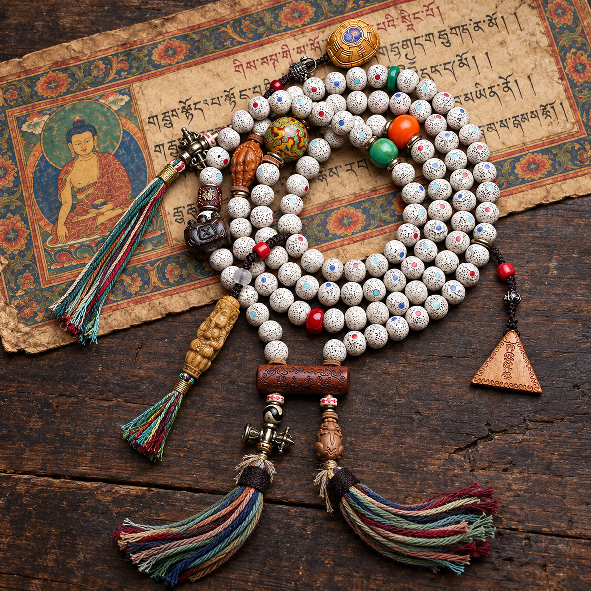 EverestArtstudios Inlaid Xingyue Bodhi 108-Bead Mala with Lacquer and Glass Accents — full product
