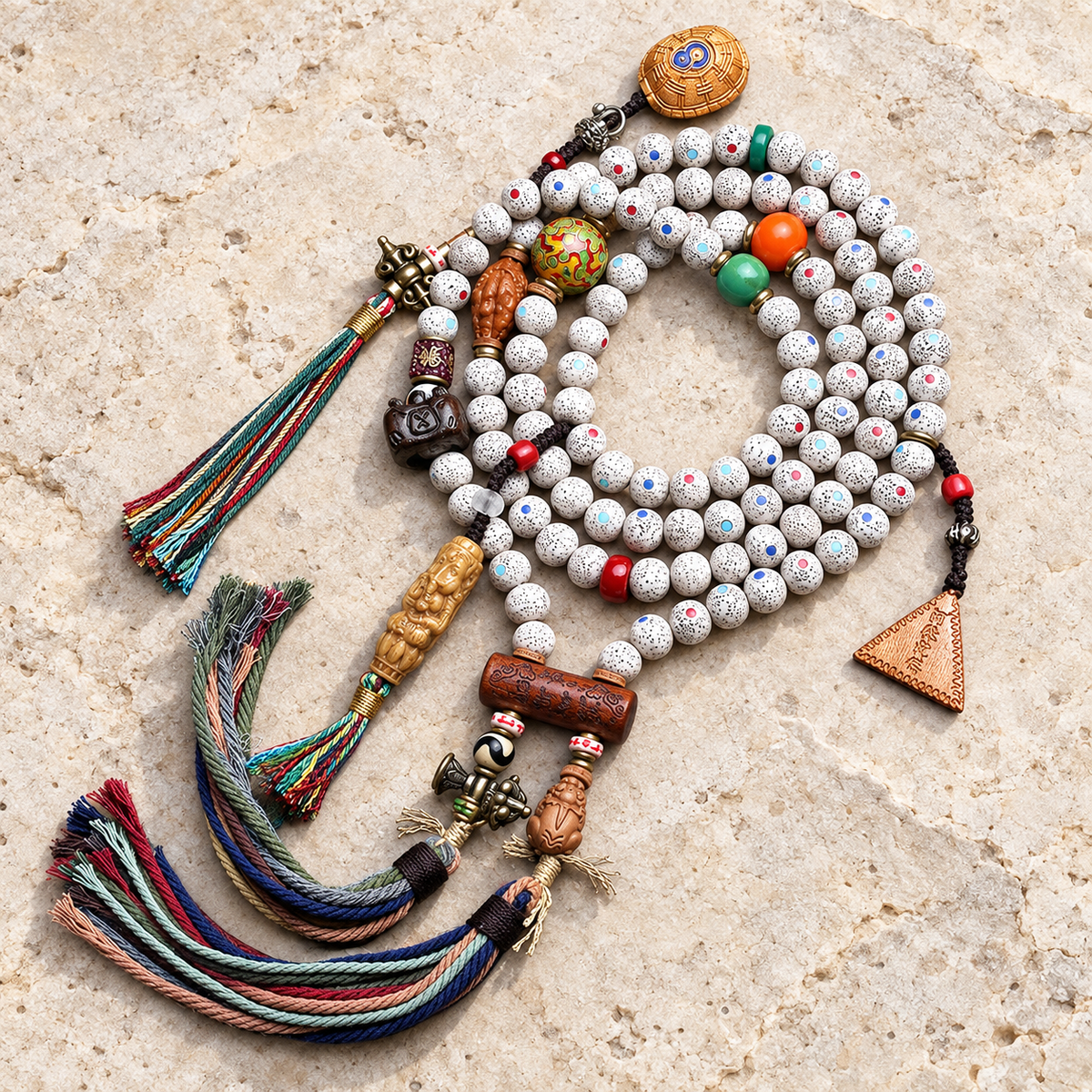EverestArtstudios Inlaid Xingyue Bodhi 108-Bead Mala with Lacquer and Glass Accents — overall display