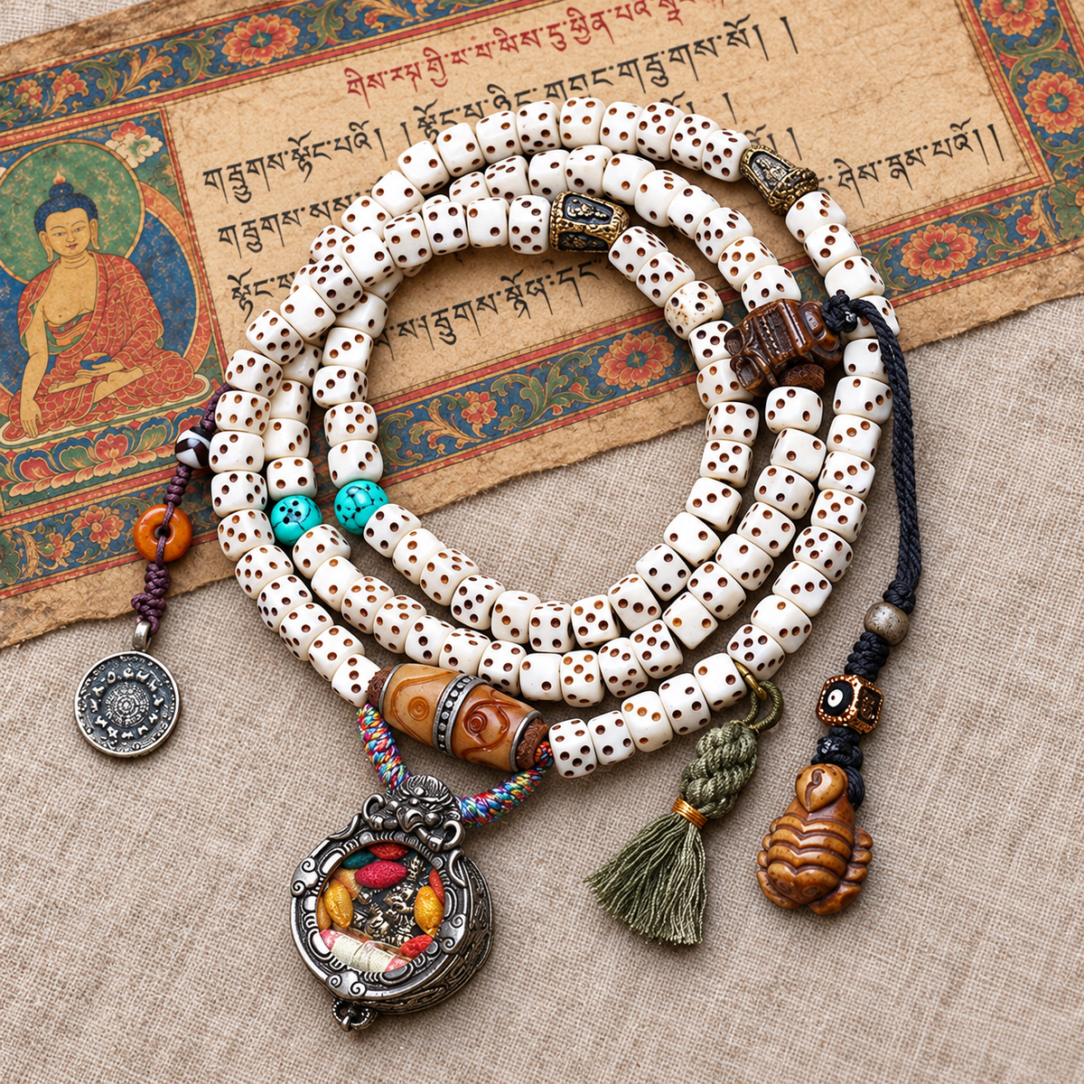 EverestArtstudios Dice-Carved Bone 108-Bead Mala with Ghau and Wealth Deity Pendants — full product
