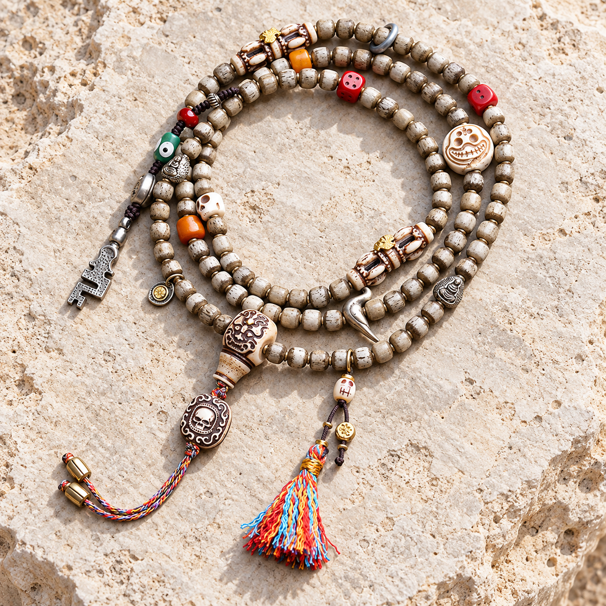 EverestArtstudios Bone 108-Bead Mala with Yak Bone and Pixiu Motif Accents — overall display