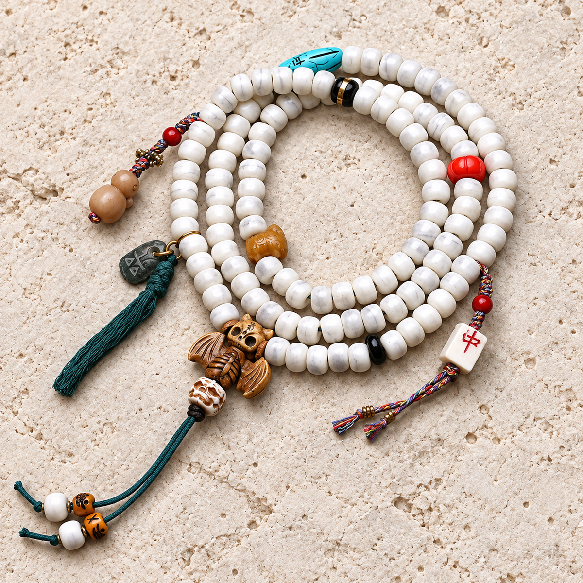 EverestArtstudios Carved Bone 108-Bead Mala with Yak Bone and Tassel Accents — overall display
