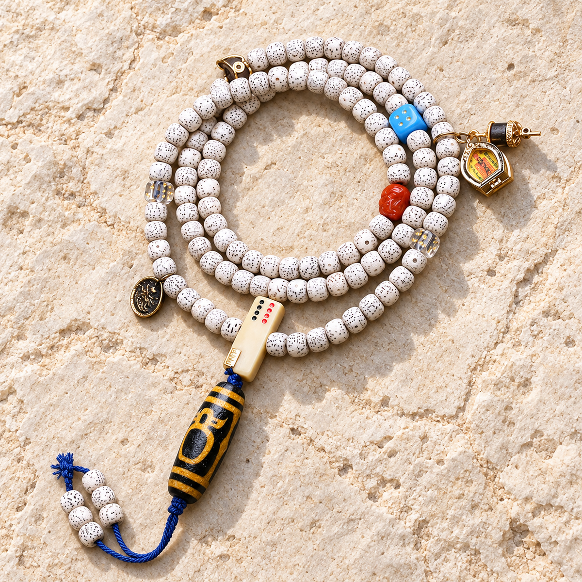 EverestArtstudios Xingyue Bodhi 108-Bead Mala with Crystal and Wealth Deity Accents — overall display
