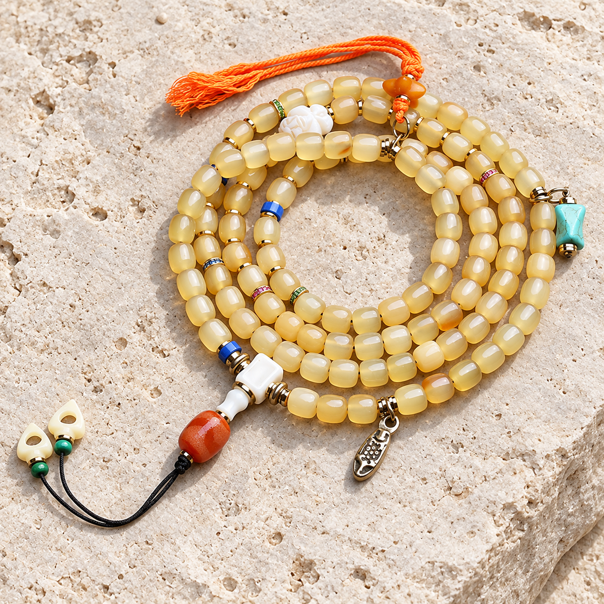 EverestArtstudios Bone 108-Bead Mala with Glass, Agate and Tassel Accents — overall display