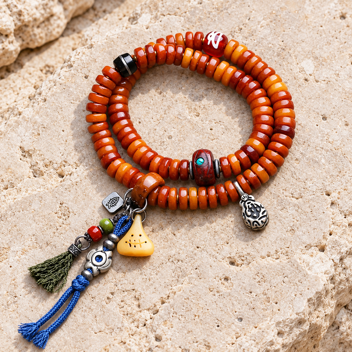 Yak bone mala with Phoenix Eye Bodhi accents — overall display