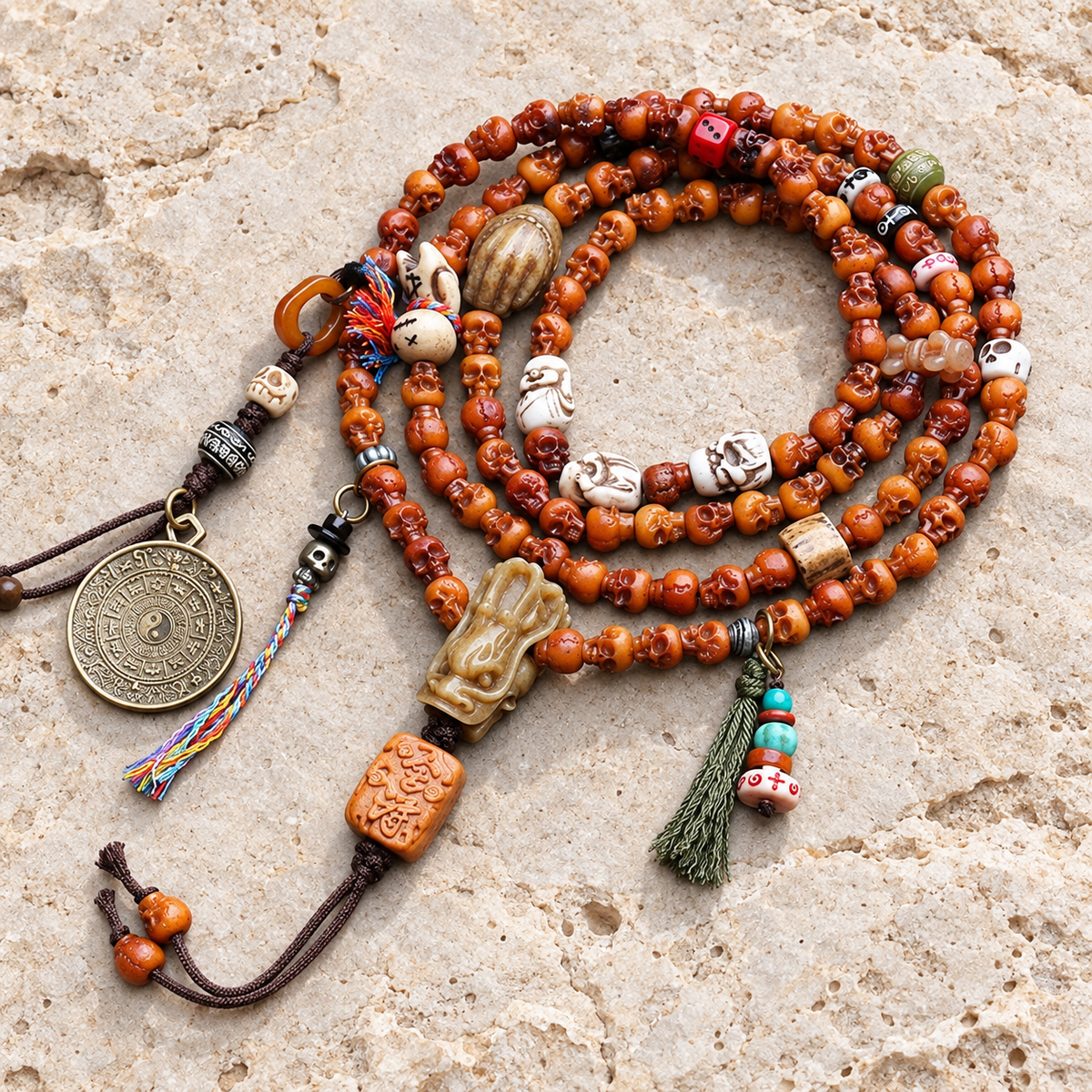 EverestArtstudios Carved Yak Bone 108-Bead Mala with Bagua and Mani Motif Charms — overall display