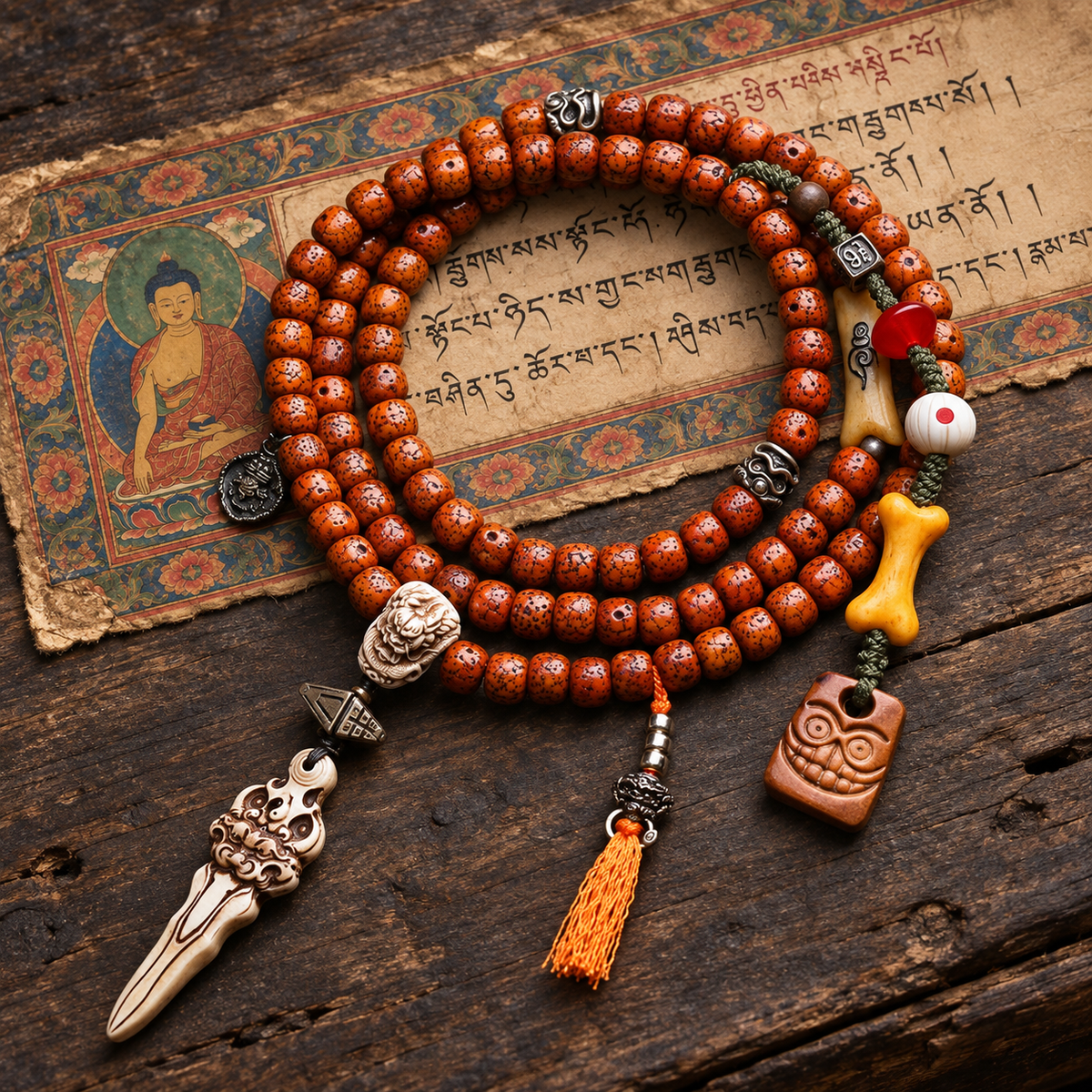 EverestArtstudios Xingyue Bodhi 108-Bead Mala with Yak Bone and Dragon Motif Accents — full product