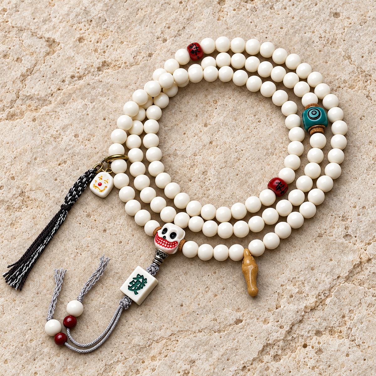 EverestArtstudios Antler 108-Bead Mala with Carved Accents and Fortune Charms — overall display