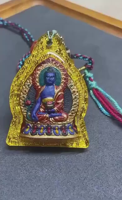 Load video: Handpainted Medicine Buddha Thangka Pendant, Mineral Pigment Tibetan Tsa Tsa Necklace, Buddhist Amulet Talisman Meditation Gift