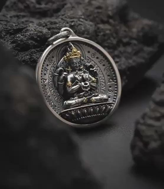 Load video: 12 Armed Manjushri Pendant 925 Silver 24k Gold Plated, Wisdom Heart Protection Wheel Amulet, Vintage Sacred Buddhist Jewelry Gift