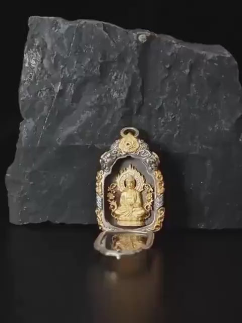 Load video: Buddhist Zodiac Guardian Amulet Necklace 24K Gold Over Sterling Silver Tibetan Protection Talisman Shurangama Mantra Gau Box Spiritual Gift