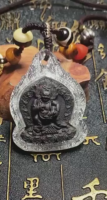 Black Jambhala Medicine Tsa Tsa Pendant, Tibetan Buddhism Gau Box Necklace, Mini Thangka Amulet, Kubera God of Wealth, Spiritual Monk Gift