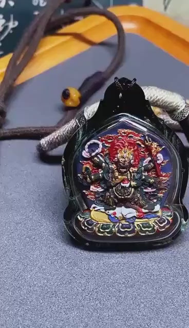 Handpainted Six Armed Mahakala Tsa Tsa Pendant, Mineral Pigment Miniature Thangka, Tibetan Sacred Clay Amulet, Buddhist Protection Necklace