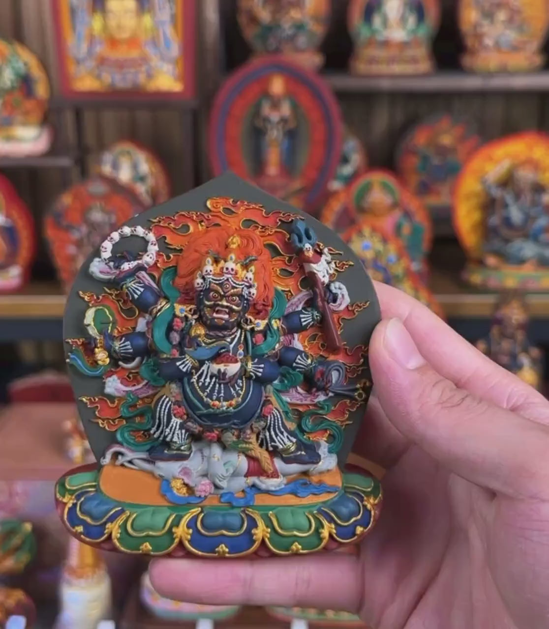 Load video: Six-Armed Mahākāla Statue – Hand-Painted Tibetan Buddhist Protector – Handmade in Tibet – Home Altar Shrine Decor