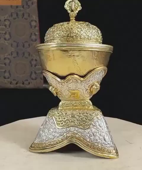 Handcrafted Nepalese Brass Topa Offering Bowl, Gilt Gold Silver Finish Tibetan Shrine Decor, Altar Vessel Home Ornament