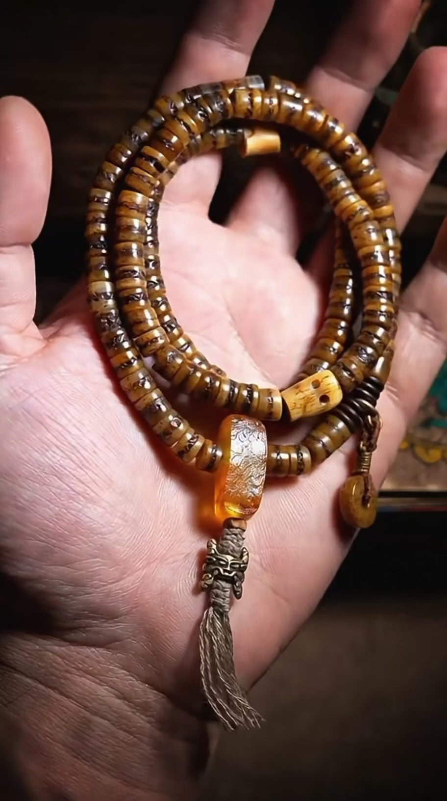 Load video: Everest Tibetan Style 108 Bead Mala Necklace, Deer Antler &amp; Coconut Shell Prayer Beads, Meditation Mala, Himalayan Inspired Spiritual Jewelry