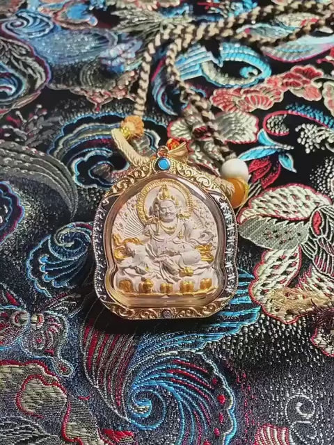 Load video: Handpainted Yellow Jambhala Medicine Budda Thangka Necklace, Tsatsa Gau Box Pendant with Incense Ash, Tibetan Buddhist Jewelry, Gift for Him