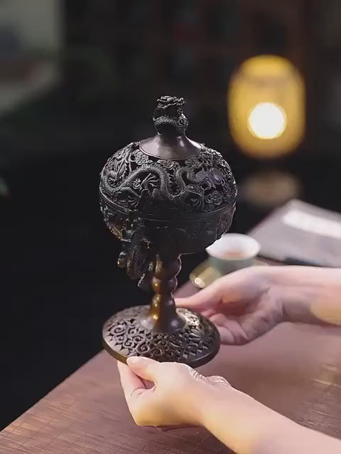 Load video: Chinese Bronze Incense Burner for Coil and Stick Incense, Antique Home Sanctuary Decor