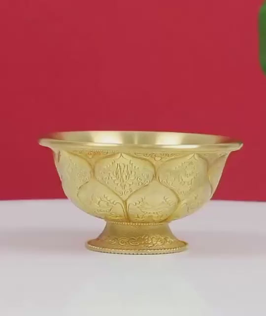 Tibetan Brass Water Offering Bowls 3.15" 3.94", Buddhist Lotus Ritual Cup, Eight Auspicious Symbols Holy Water Cup, Alter Meditation Gift