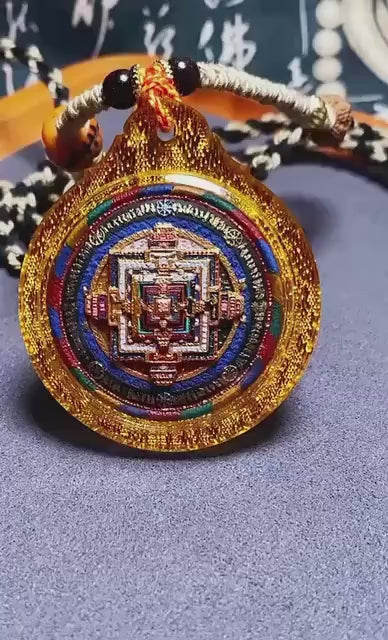 Load video: Handpainted Kalachakra Mandala Tibetan Tsatsa Pendant, Mineral Pigment Thangka Necklace, Medicinal Clay Buddhist Amulet,Spiritual Protection