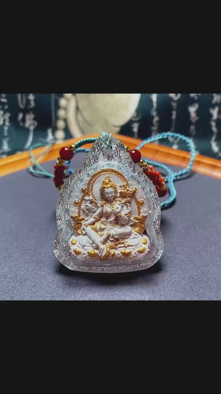 Load video: Green Tara Tibetan Tsa Tsa Pendant, Hand-Painted Incense Ash Amulet, Buddhist Spiritual Necklace, Thangka Style Jewelry, Protection Gift