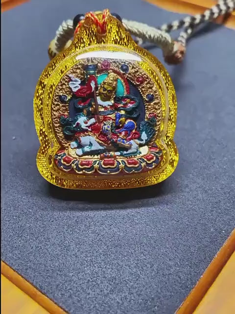 Load video: Hand Painted Mineral Pigment Vaisravana Tsa Tsa Pendant, Tibetan Buddhist Jewelry, Wealth God Necklace, Thangka Style Amulet, Spiritual Gift