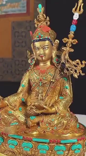 Load video: Handmade Tibetan Padmasambhava Statue – Full Gold-Plated Copper Guru Rinpoche