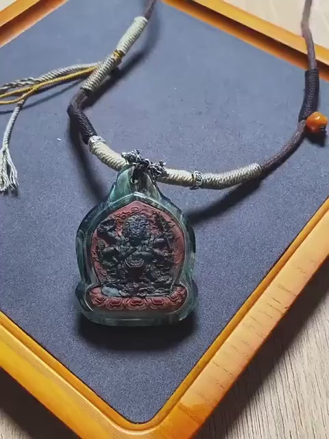 Tibetan Mahakala Tsa-Tsa Pendant, Hand-Painted 6-Arm Daheitian Buddhist Amulet, Gau Box Necklace with Amrita & Five-Color Grains, Zen Gift