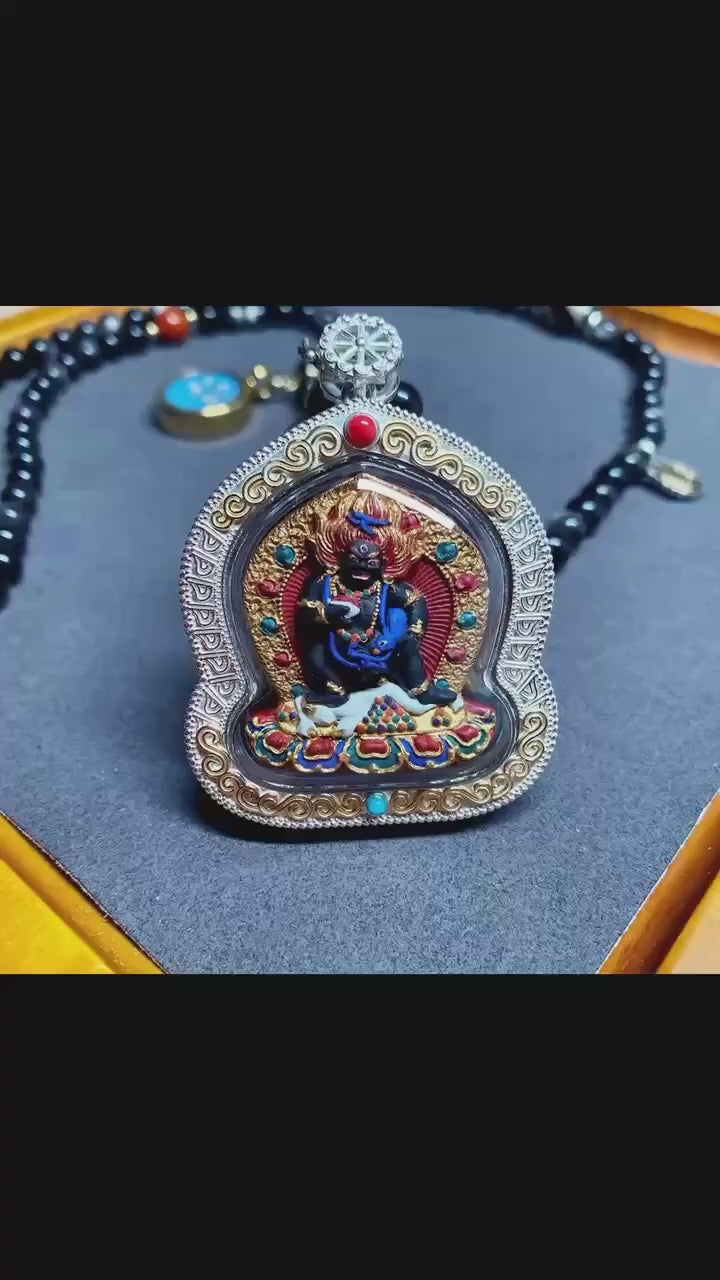 Load video: Hand-painted Black Jambhala Medicine Tsatsa Pendant, Sterling Silver Gau Box Necklace, Tibetan Buddhist Mineral Pigment Art