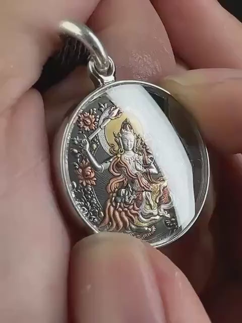 Load video: Meteoric Iron Manjushri Thangka Pendant, Intricate Iron Gilt Gold Damascene Necklace, Tibetan Buddhist Heritage Art, Wisdom Amulet Talisman