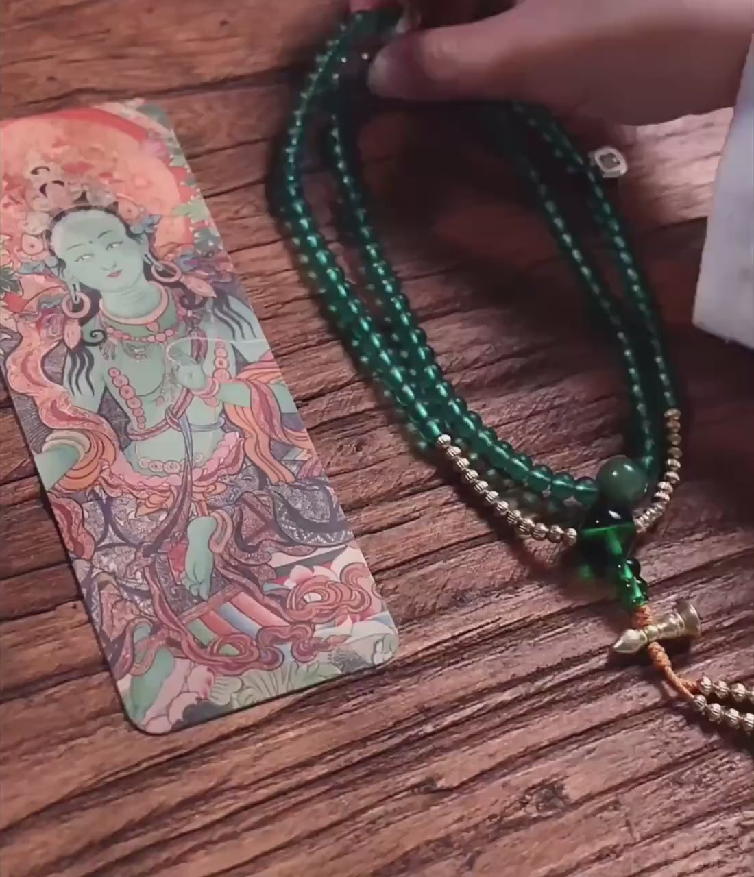 Load video: Handcrafted Green Tara Glass Bead Mala, 108 Bead Buddhist Prayer Necklace for Meditation, Spiritual Healing