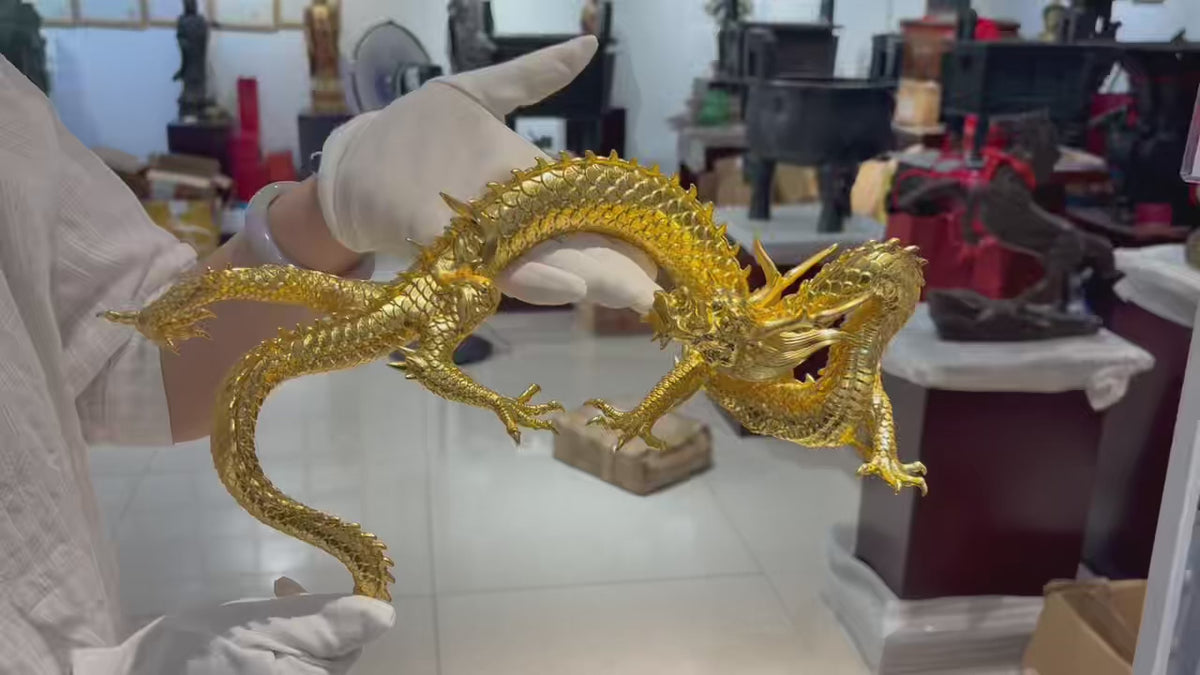 Load video: Handcrafted Golden Brass Dragon Statue: Tibetan Feng Shui Decor