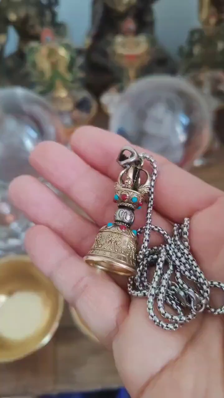 Load video: Handcrafted Brass Vajra Bell Pendant: Nepalese Tibetan Amulet